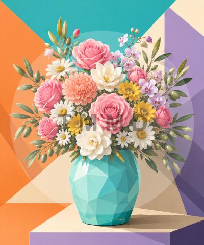 Florero turquesa con ramo primaveral