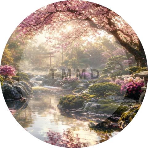 Jardín zen japonés con flores de cerezo
