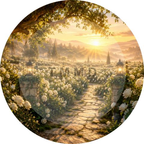 Un interminable jardín de rosas blancas al amanece