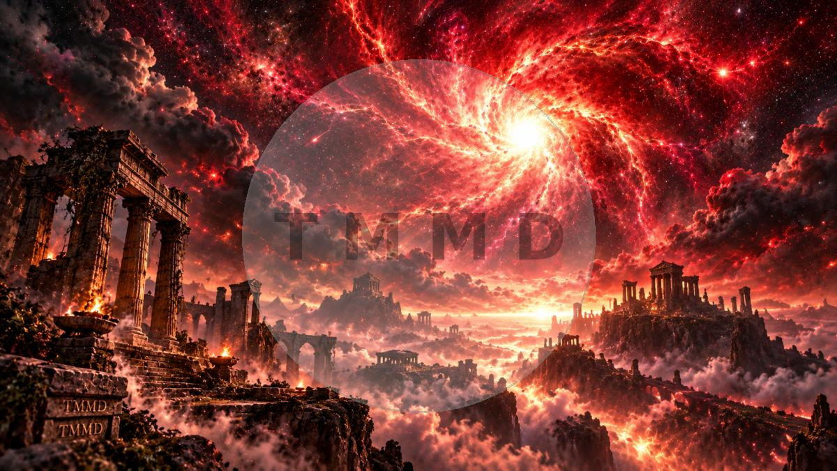 Supernova carmesí sobre templos antiguos