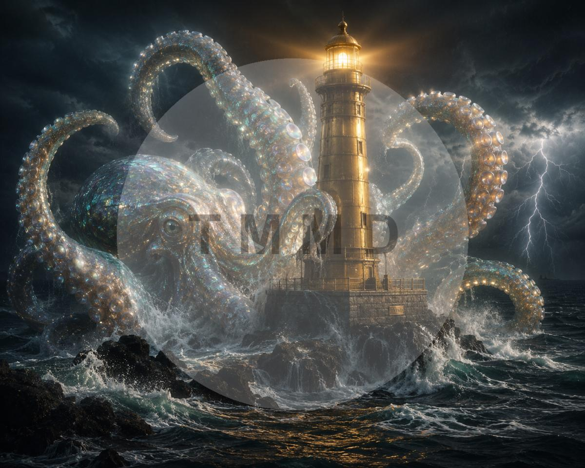 Nacre Kraken Against the Golden Lighthouse