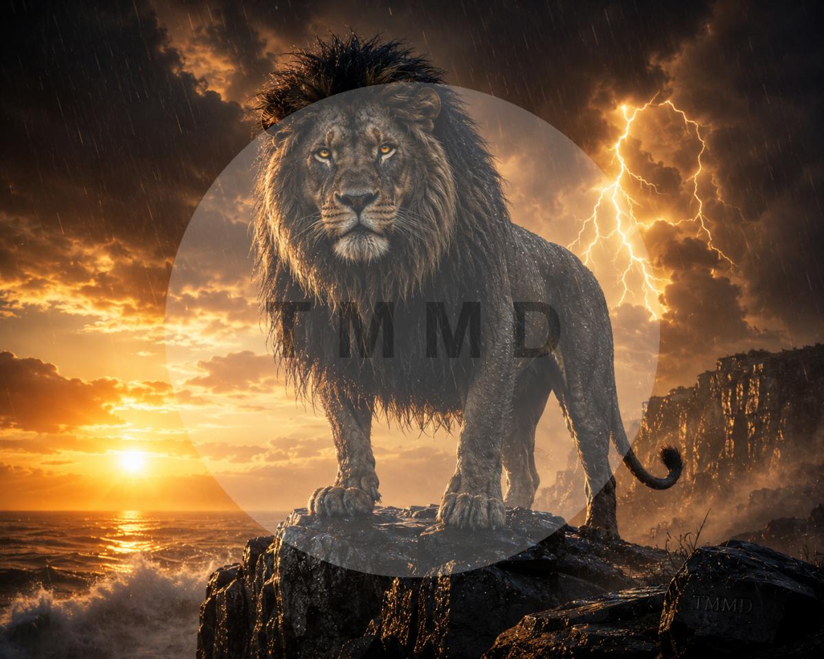 Ebony Lion Under the Golden Storm