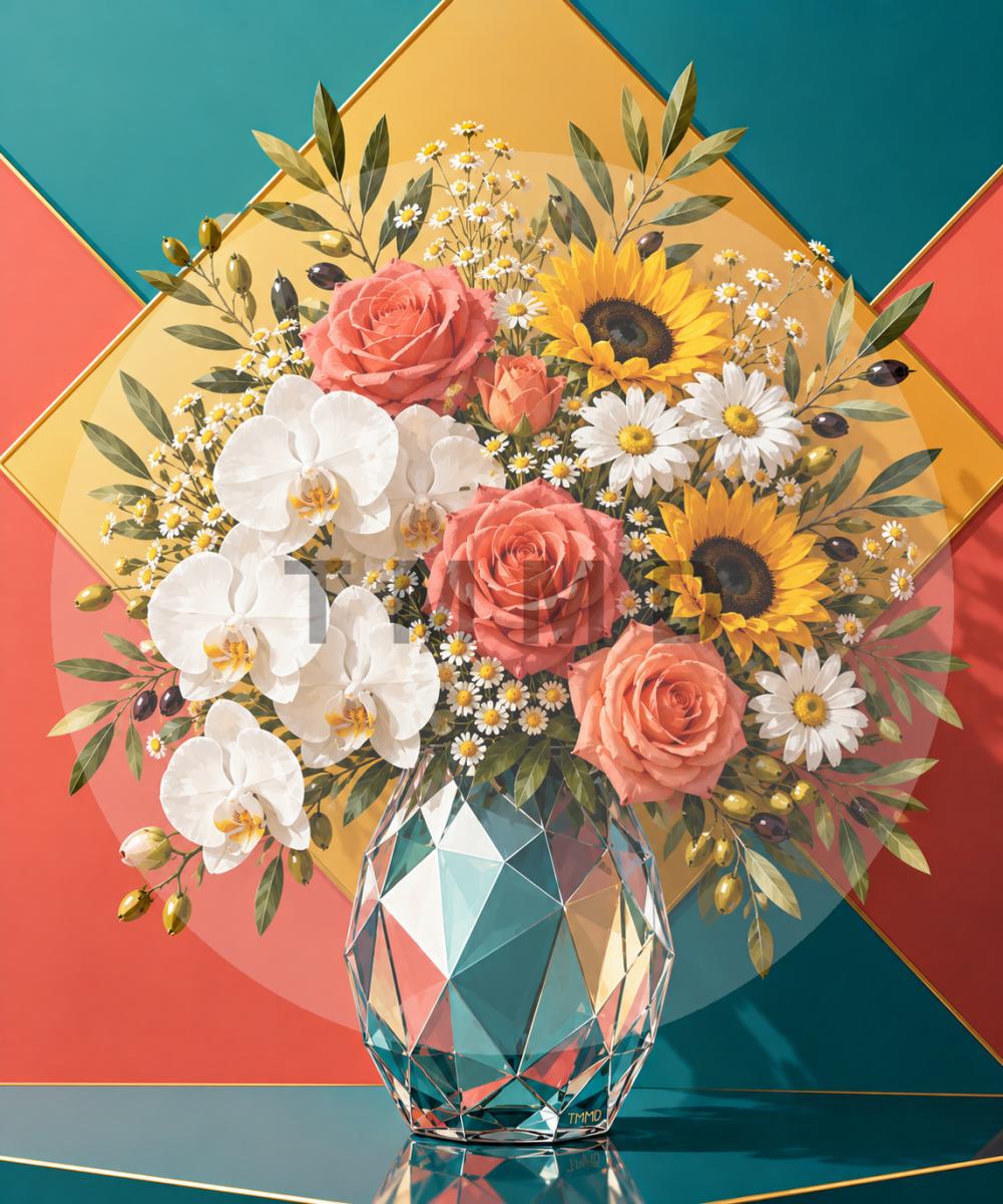 Florero prisma con rosas y girasoles