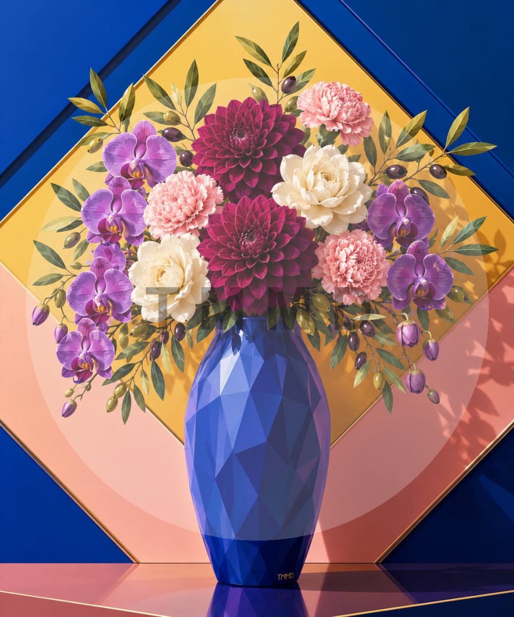 Jarrón azul con orquídeas y dalias