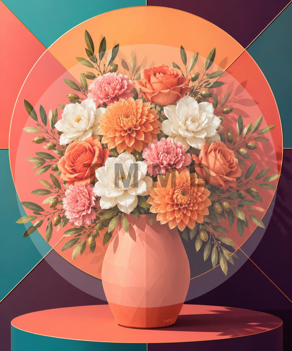 Florero coral con rosas de atardecer