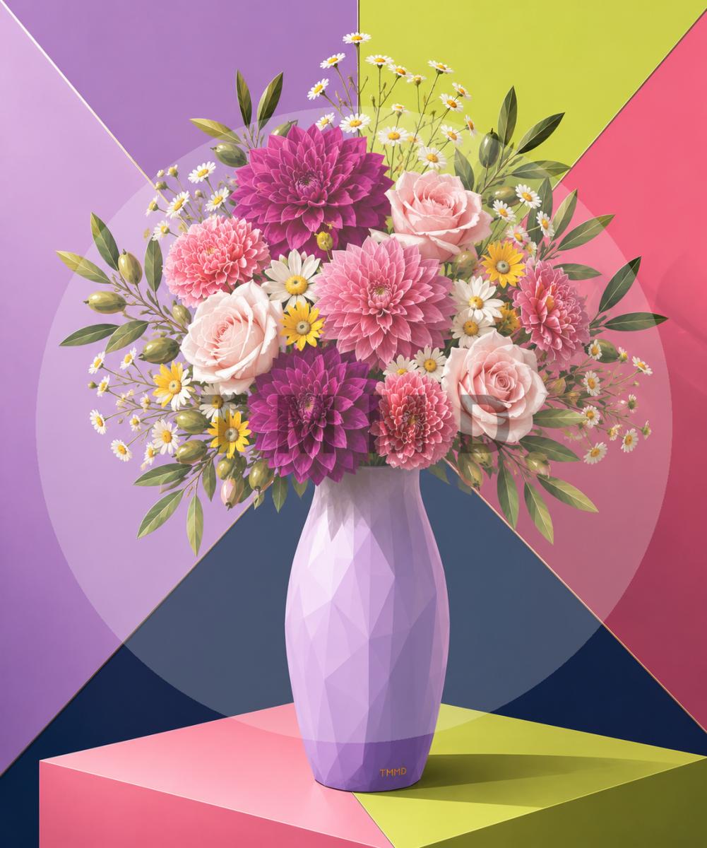 Florero lila con dalias y claveles