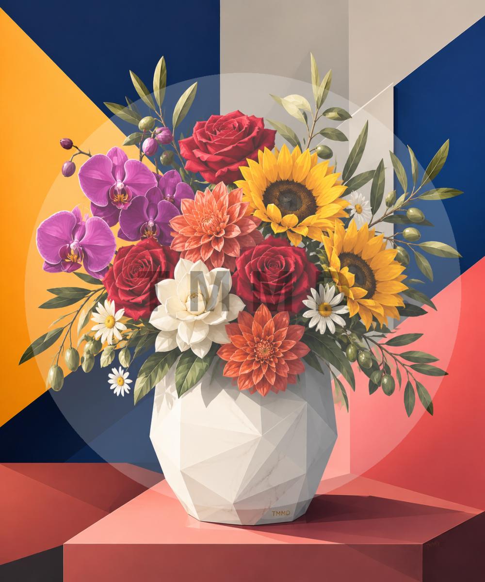 Florero blanco con flores de galería