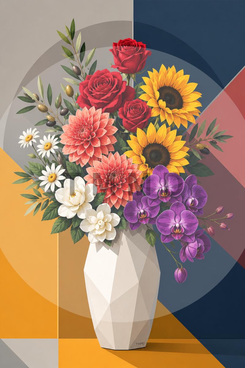 Florero geométrico con flores de galería