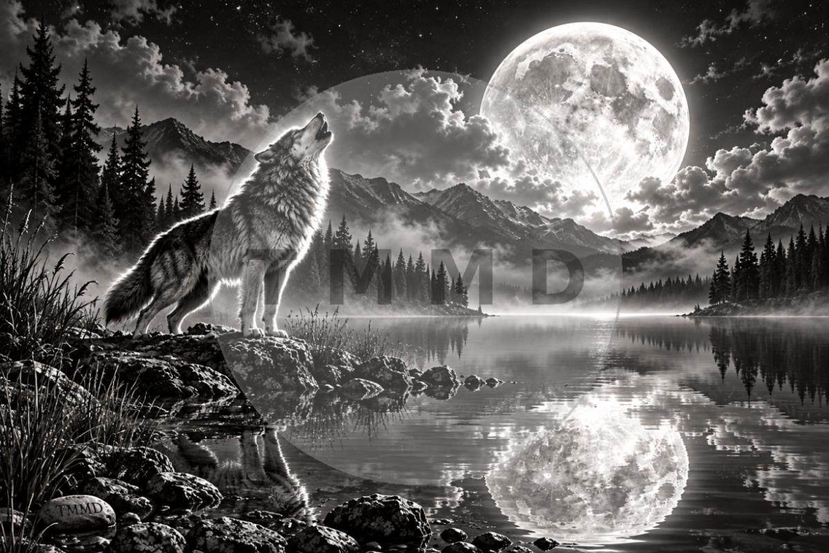 Wolf Reflection Under the Moon